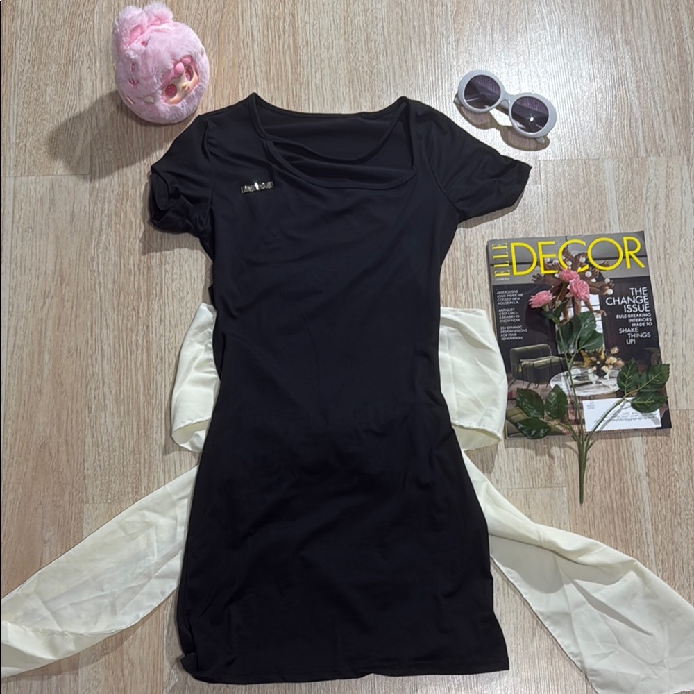 Chic Black Dress with Cream Sash